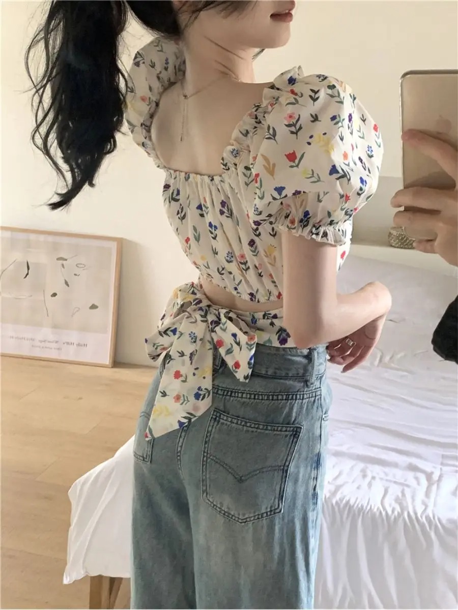 Crop Blouse Linen - Blouses pour femmes à imprimé floral,